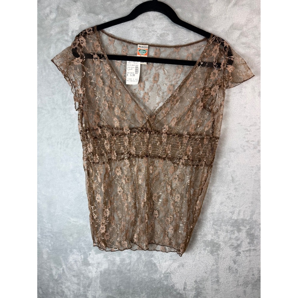 WEAVERS GIRL Lace BabyDoll Top Women L Brown Floral Sheer Mesh V Y2K Fairy Boho
